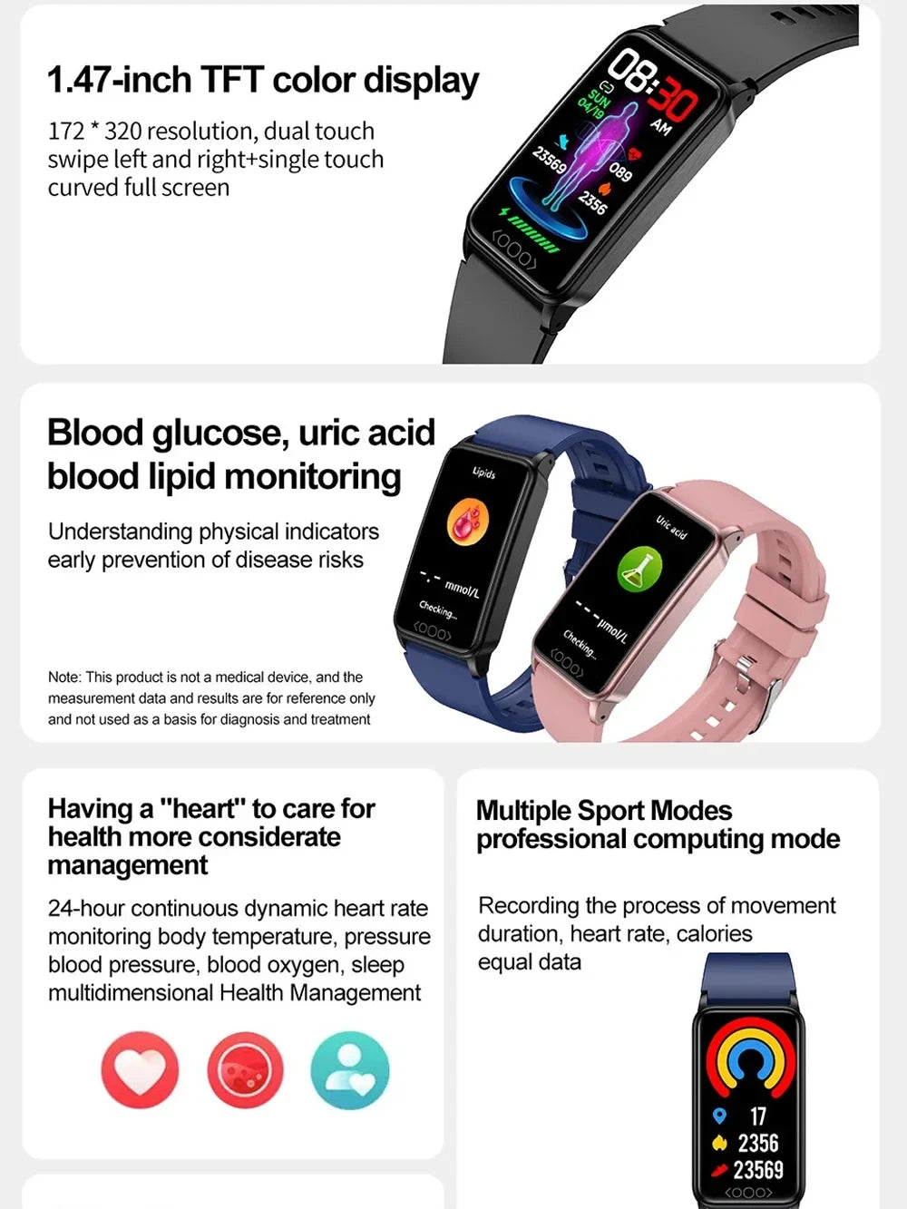 Intelligentes Armband zur Überwachung von Blutzucker, Körpertemperatur, Harnsäure, Blutfetten, Blutdruck und Herzfrequenz. Wasserdichte Smartwatch.