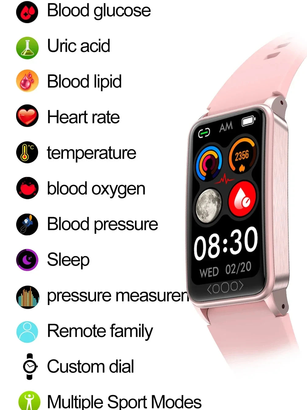 Intelligentes Armband zur Überwachung von Blutzucker, Körpertemperatur, Harnsäure, Blutfetten, Blutdruck und Herzfrequenz. Wasserdichte Smartwatch.