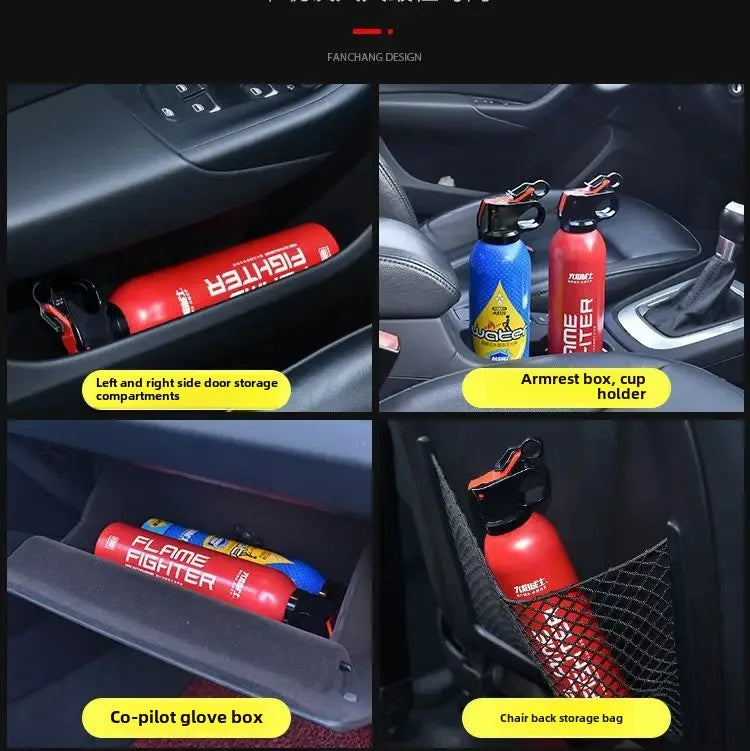 Portable water-based fire extinguisher (FlameFighter) for car and home use, practical fire prevention device