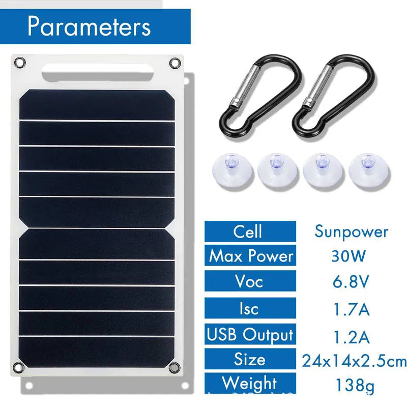 Outdoor Waterproof Solar Panel 30W USB Portable Power Bank for Hiking Camping Mobile Phone Charging Bank 6.8V