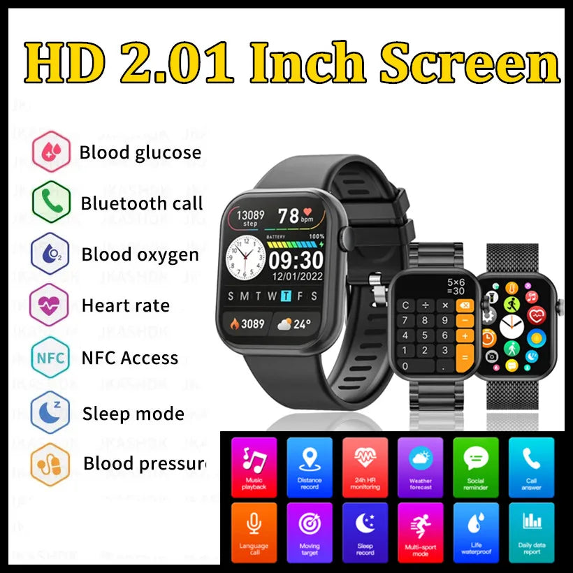 2024 Smart Watch for Men and Women, New 2.01 Inch Large Screen Blood Glucose Heart Rate Waterproof Sports Smart Watch for Women and Men.. 