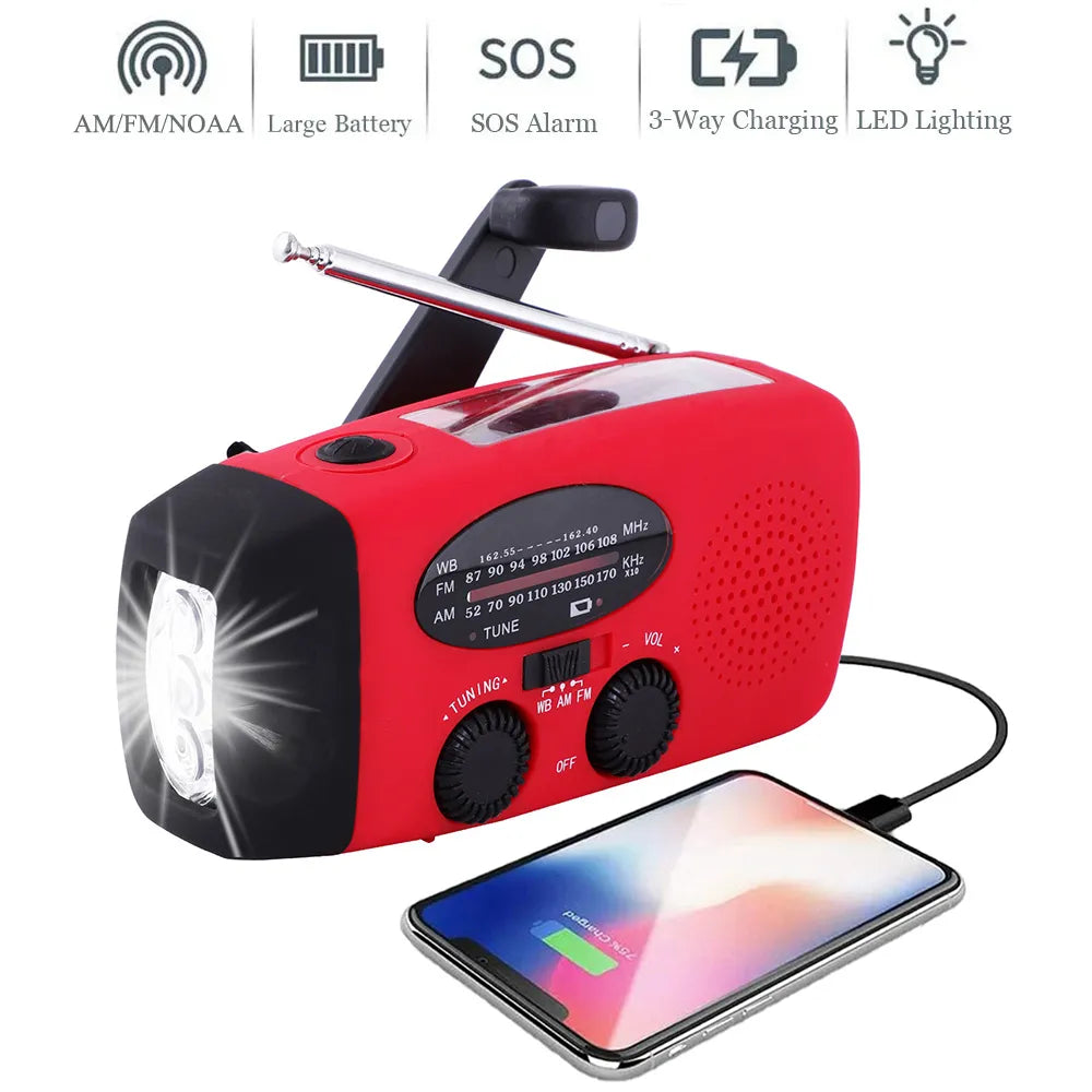 Solar-Handkurbel-Campingleuchte mit AM/FM-Radio, 2000 mAh, USB-Aufladung, multifunktionale Hand-Dynamo-LED-Taschenlampe