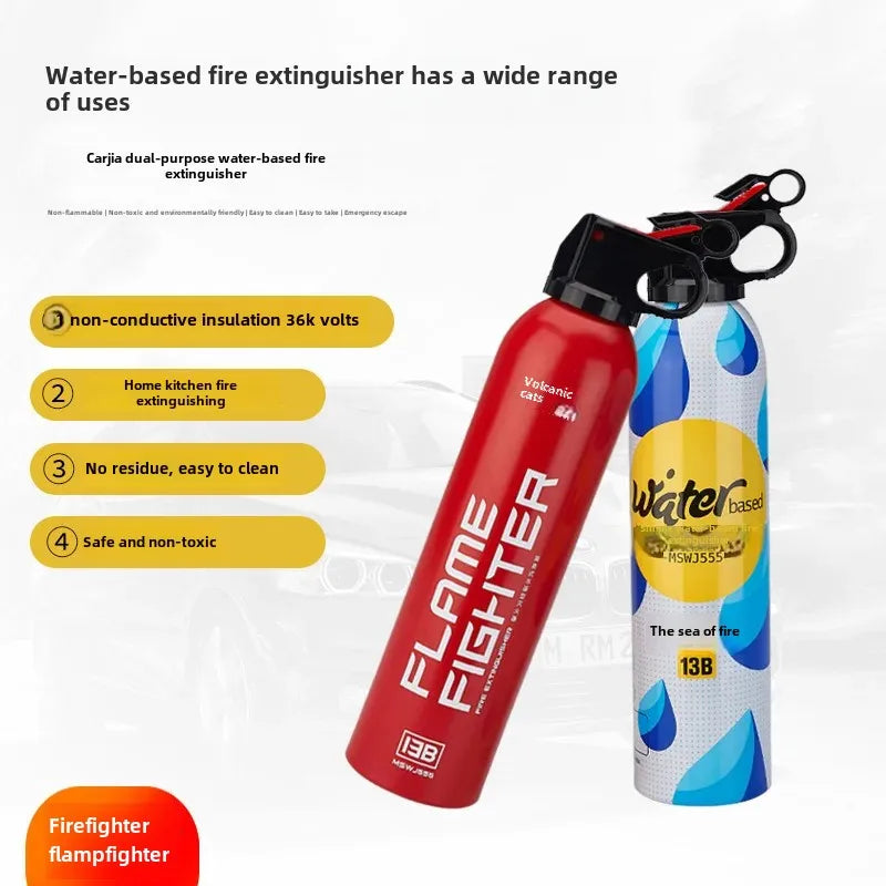 Portable water-based fire extinguisher (FlameFighter) for car and home use, practical fire prevention device 