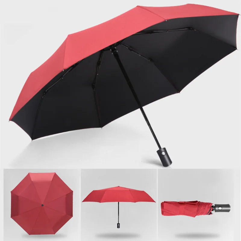 Automatic Rain & Sun Umbrella Black Coating Parasol Anti-UV 3 Folding Wind Resistant Auto Luxury Big Windproof Women Men 8Ribs