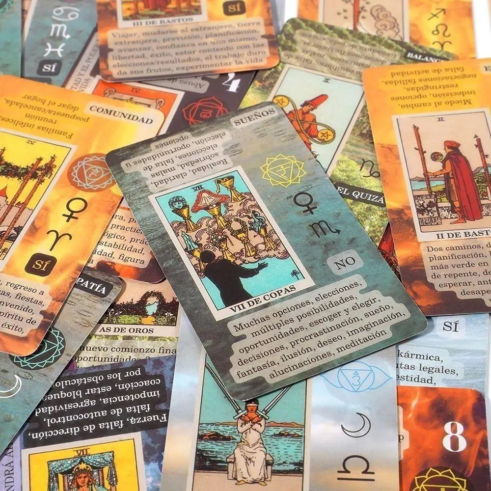 Tarot with Meaning in Spanish on the cards Keywords. Zodiac element medium size