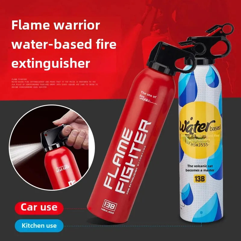 Portable water-based fire extinguisher (FlameFighter) for car and home use, practical fire prevention device 