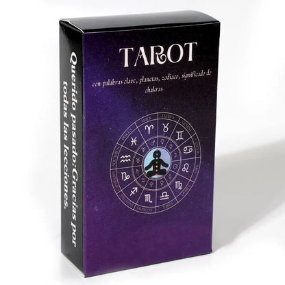 Tarot with Meaning in Spanish on the cards Keywords. Zodiac element medium size