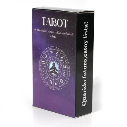 Tarot with Meaning in Spanish on the cards Keywords. Zodiac element medium size